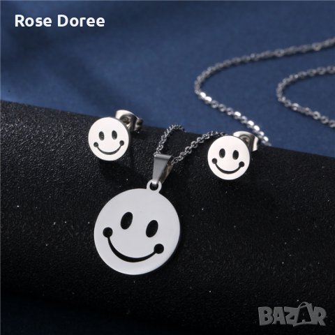 RD 361 Комплект Усмивка бижута обеци колие в сребристо медицинска стомана безплатна доставка емоджи, снимка 1