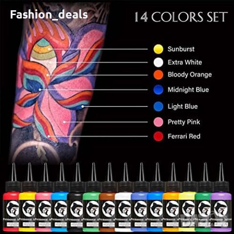 Нов Комплект мастило за татуиране 14 оригинални цвят/30мл. бутилка, снимка 7 - Други - 41504730
