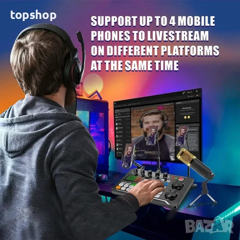 Пакетно оборудване за стрийминг, аудио интерфейс с микрофон BM-800 за геймъри и DJ миксер..., снимка 6 - Микрофони - 50503792