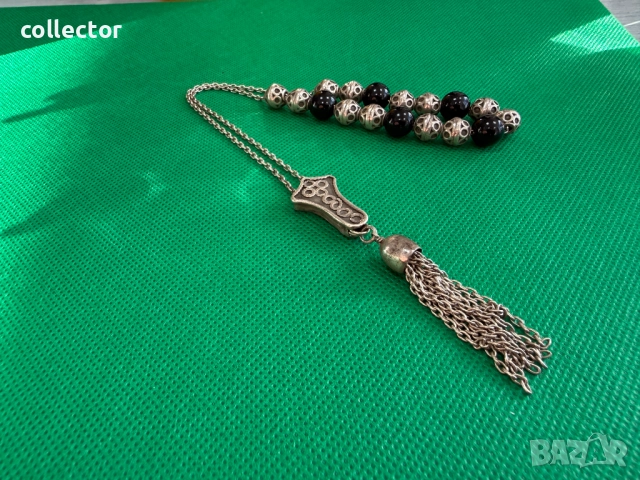 Сребърна броеница с черен ахат. №7752, снимка 5 - Антикварни и старинни предмети - 52814266