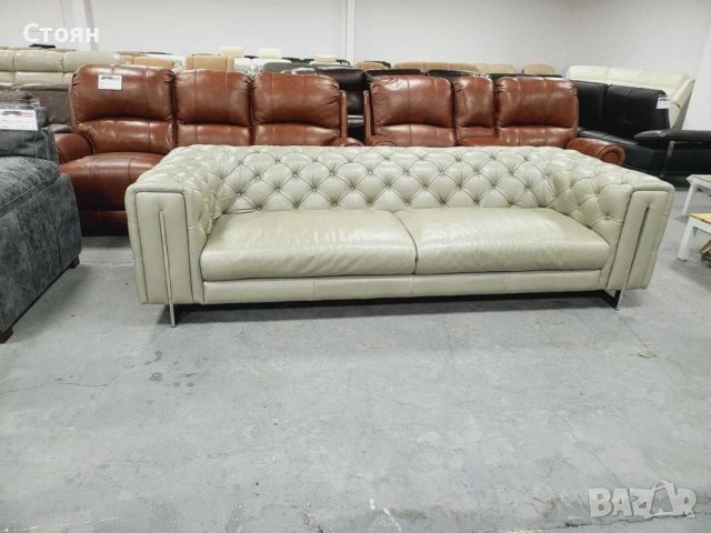 Голям сив кожен диван Честърфийлд - естествена кожа, снимка 4 - Дивани и мека мебел - 39718256