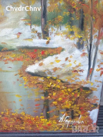 Деница Гарелова 40x30см/малка българска картина масло върху платно/горски пейзаж/есен-зима, снимка 5 - Картини - 51160157