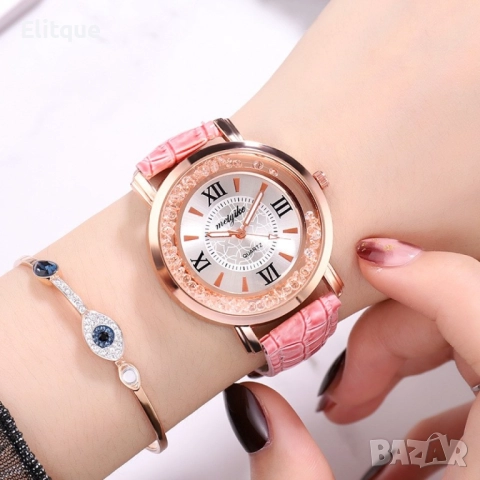 Дамски ръчен часовник с кръгъл циферблат с камъни и к. каишка. бял, червен, лилав, син, черен, розов, снимка 15 - Дамски - 52819449