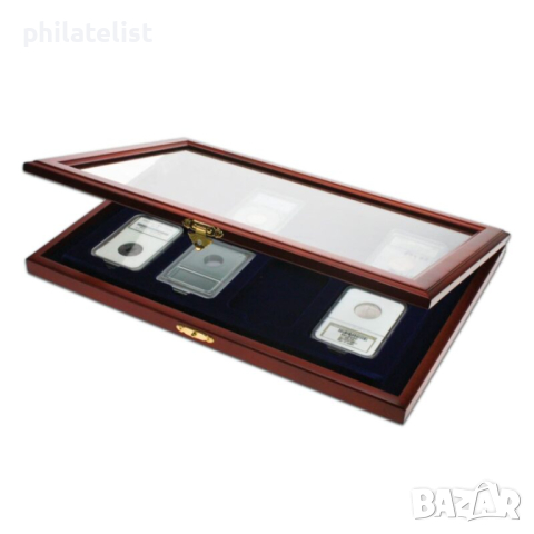 Луксозна дървена кутия витрина SAFE за 8 сертифицирани монети / SLABS капсули