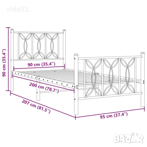 vidaXL Метална рамка за легло с горна и долна табла, черна, 90x200 см, снимка 8 - Спални и легла - 56147378