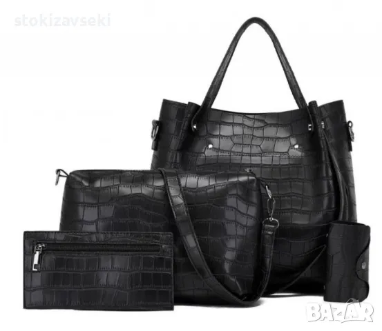 Комплект от дамски чанти в черен цвят, с кроко ефект, снимка 1