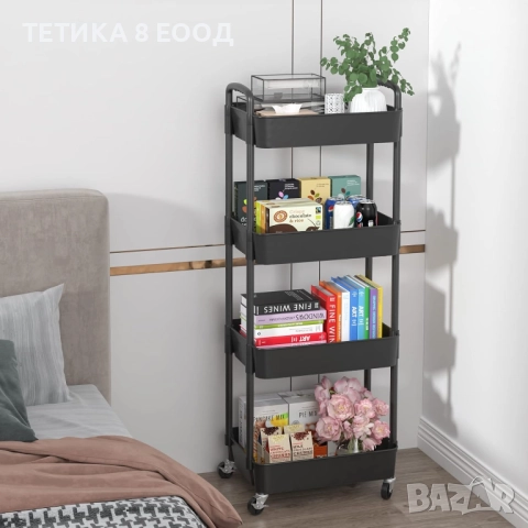 Количка с колела, 4 рафта, 39 x 29 x 104 см, пластмаса/метал, черна, снимка 3 - Етажерки - 52317825