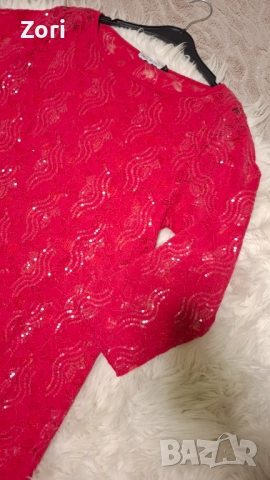 Дантелена рокля с прозрачни пайети в наситен розово-червен цвят, снимка 7 - Рокли - 52598753