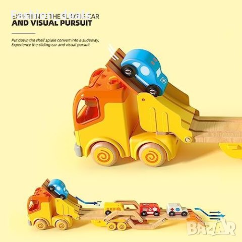 Нова играчка Транспортен Камион с 4 Дървени Коли: Светлини, Звуци, 2-5год., снимка 4 - Кукли - 42740817