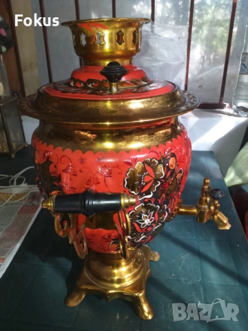 Уникален руски ръчно рисуван самовар чайник, снимка 2 - Антикварни и старинни предмети - 53279391