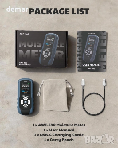 AWT-380 Акумулаторен безщифтов влагомер за дърво, гипсокартон и зидария, снимка 7 - Други стоки за дома - 53647621