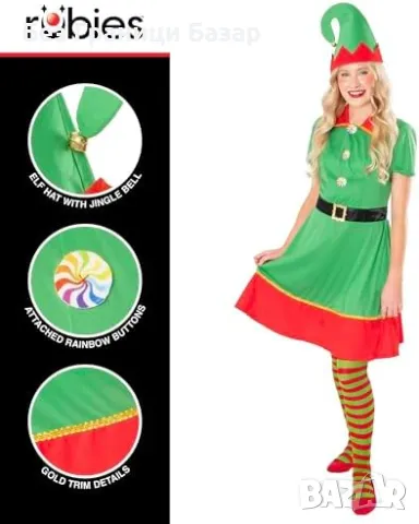 Нова Rubie's рокля Елф с шапка перфектна за празници костюм за парти, снимка 2 - Рокли - 48614402