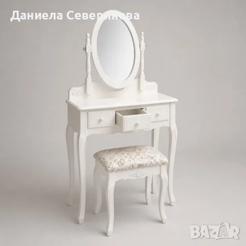 Бяла козметична тоалетка с овално огледало и табуретка, снимка 3 - Тоалетки - 56194921