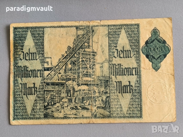 Банкнота - Германия - 10000000 марки Thyssen-Hütte | 1923г., снимка 3 - Нумизматика и бонистика - 52714177