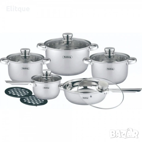 Комплект съдове Rosberg, 12 части, 2 подложки, Неръжд.стомана, снимка 2 - Съдове за готвене - 53424249