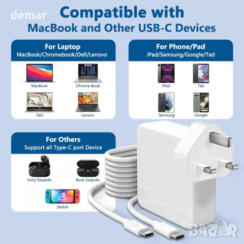 100W USB C супер бързо зарядно устройство, зареждане на Mac Book Pro, USB C-C 2M кабел, снимка 4 - Друга електроника - 48225247