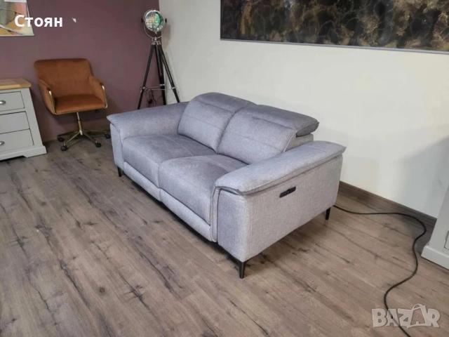 Сив комплект от плат двойка и фотьойл с електрически релакс механизъм, снимка 3 - Дивани и мека мебел - 51955845