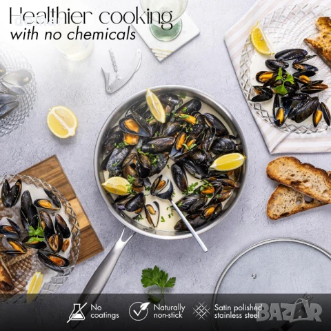 Тиган от неръждаема стомана nuovva със стъклен капак – индукционен котлон, незалепващ тиган – 28 см, снимка 5 - Съдове за готвене - 51168361