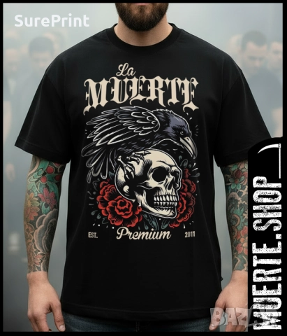 Черна тениска LA MUERTE CROW PREACH с мрачен дизайн – гарван върху череп.