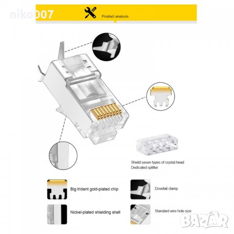  RJ45 конектори Модулен щепсел - Cat 7 8P8C Мрежа RJ 45 кабел за пресоване на Ethernet конектор , снимка 2 - Суичове - 34620687
