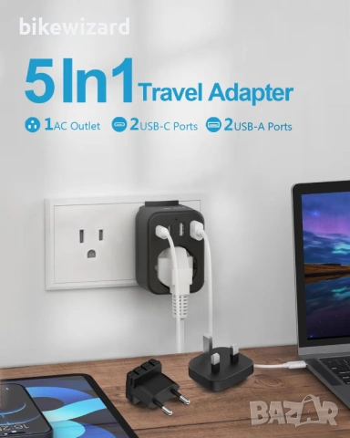 JSVER Worldwide за пътуване адаптер с 4 USB порта тип C/G/B щепсел – черен НОВ, снимка 4 - Друга електроника - 53049298