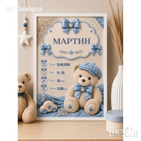 Bestseller - Бебешка визитка с мече за момче или момиче с рождени данни, снимка 2 - Други - 56121237