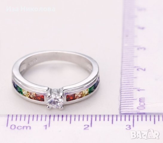 Сребърен пръстен, сапфир и кубични цирконии, снимка 3 - Пръстени - 41637455