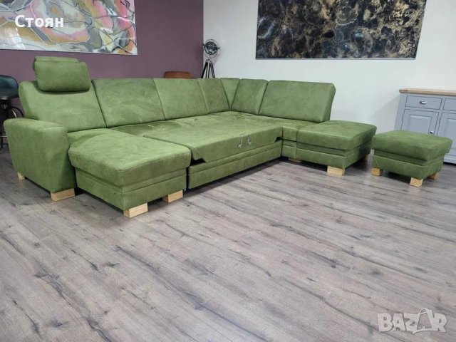 Зелен П образен ъглов диван от плат с функция сън и табуретка KS5044, снимка 10 - Дивани и мека мебел - 44245179
