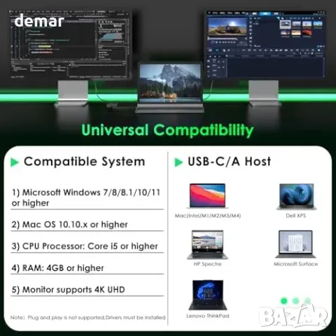USB-C към Dual HDMI адаптер за 2 екрана 4K@30Hz, снимка 5 - Кабели и адаптери - 55933414