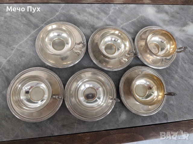 Сребърен сервиз за кафе - 6 чашки и 6 чинийки , снимка 2 - Антикварни и старинни предмети - 52104554
