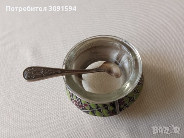 Руски мелхиорен съд за хайвер ,сол,със  емайл оригинална лъжичка, снимка 9 - Антикварни и старинни предмети - 41610950