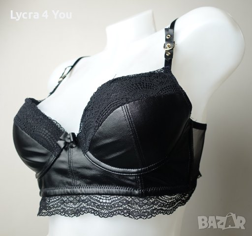 75В черен кожен сутиен/бюстие с дантела на чашките и подгръдната част., снимка 3 - Корсети, бюстиета, топове - 41580522