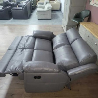 Сиво-лилав кожен диван двойка с ръчен релаксиращ механизъм, снимка 4 - Дивани и мека мебел - 44701782