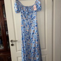Нова етикет дълга синя буфан ръкав цепка  ежедневно елегантна рокля флорален принт  нежни цветя , снимка 7 - Рокли - 41348334