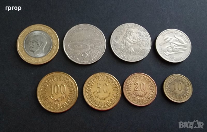Монети. Тунис . 5 , 2, 1 и 1/2 динар, 10,  20, 50 и 100  милима. 8 бройки. , снимка 1