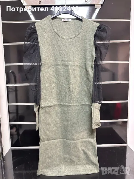 Маслено зелена плетена рокля с мрежести ръкави, снимка 1