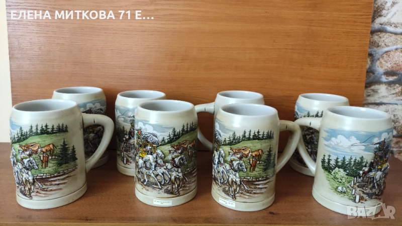 8 бр. немски винтидж халби ръчна изработка , с релефно изображение на дилижанс в планината, снимка 1