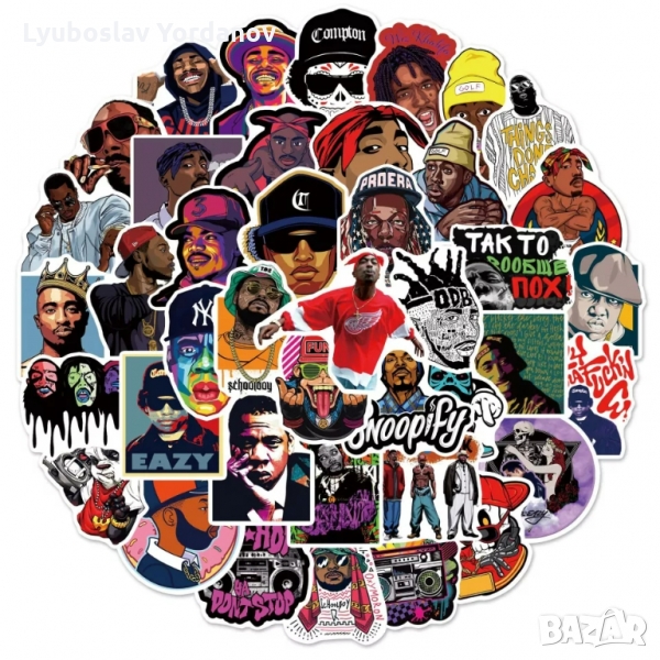 Водоустойчиви стикери 50x-Old school hip-hop/2pac,Biggie,Eazy-e,Dr Dre(лаптопи,коли,PS4,PS5,куфари), снимка 1