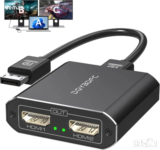 DGYBDFC 4K60Hz Displayport към двоен HDMI адаптер, DP 1.4 към 2х HDMI 2.0, снимка 1
