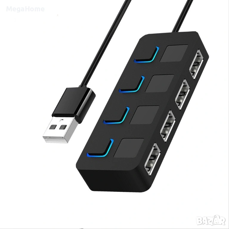 USB разклонител хъб, 4 порта USB 2.0 с индивидуални LED индикатори, 480MBp/s , снимка 1