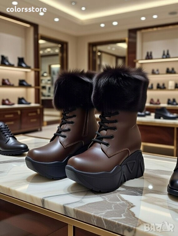 Боти на платформа - кафява кожа с черен пух и черно ходило - BPH1 , снимка 1
