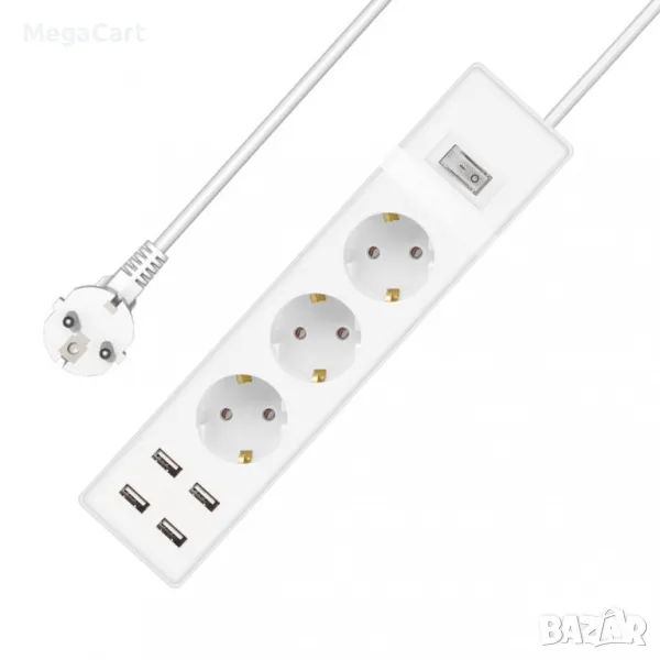 Удължител , 3 гнезда, 250V, 16A, Кабел, 1.5m, 4 x USB F, С ключ, Бял, снимка 1