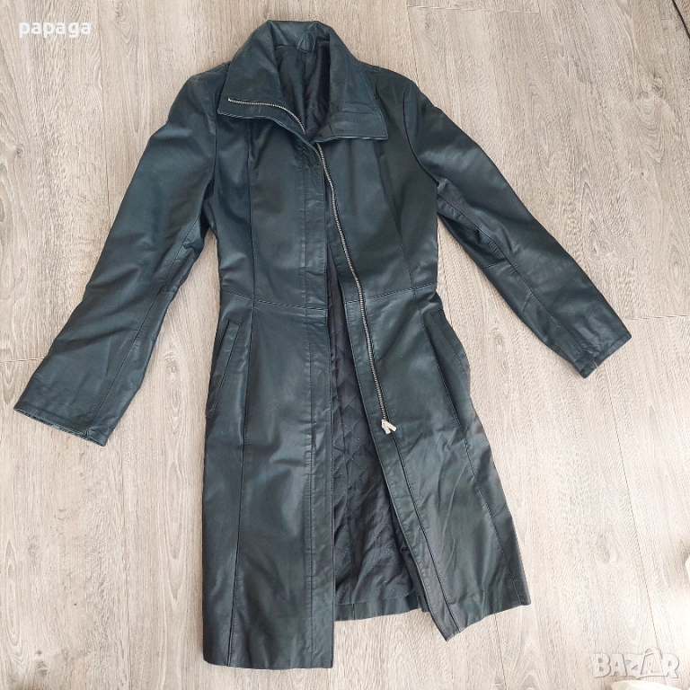 Черно кожено палто с подплата,телешки бокс, xs,s,без забележки, снимка 1