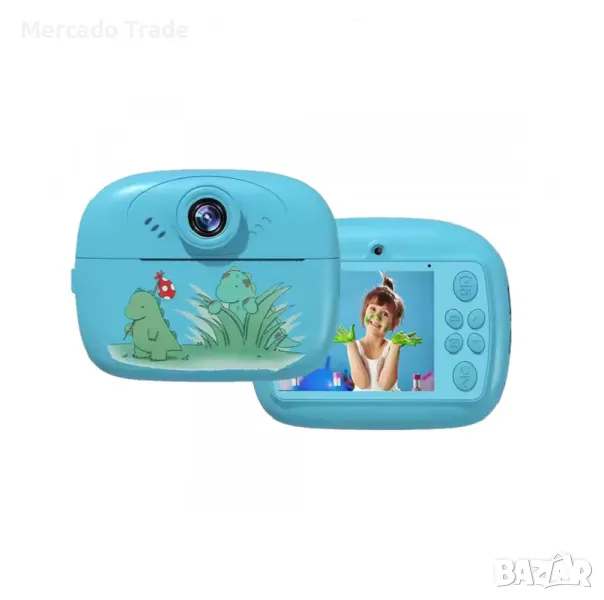 Детски фотоапарат+принтер Mercado Trade, С маркери, Динозавър, Син, снимка 1