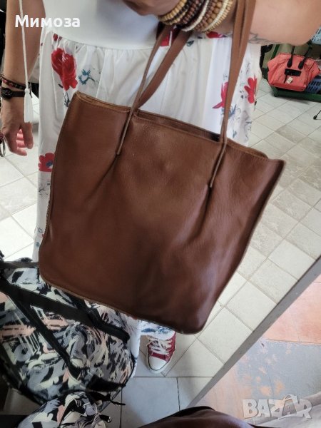 Естествена кожа голяма кафява чанта,тип торба, снимка 1