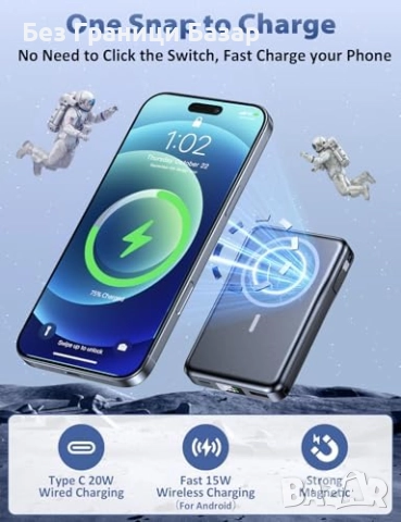  Нова Магнитна Magsafe външна батерия 10000mAh PD 20W зарядно телефон, снимка 2 - Външни батерии - 52470213