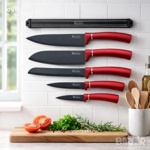 Комплект ножове Goldmann GM 5259, 5бр. с магнитна релса, Незалепващо покритие, Кутия, снимка 2 - Прибори за хранене, готвене и сервиране - 53769584
