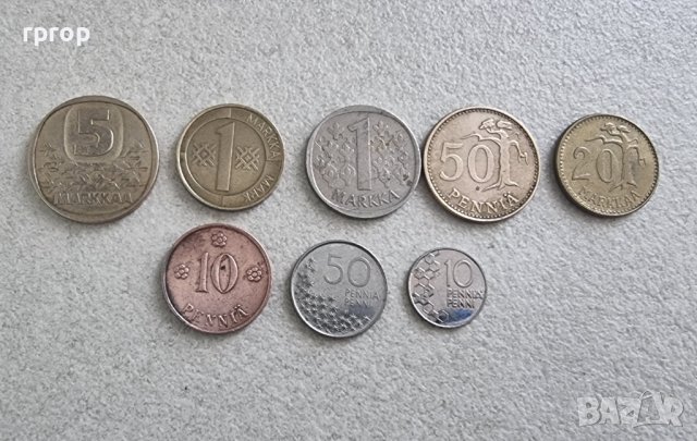 Монети. Финландия. Финланско пени и марка. 8 бройки.