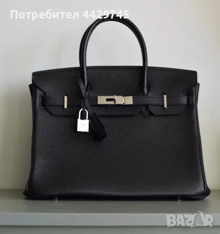 Черна кожена чанта тип Hermes Birkin