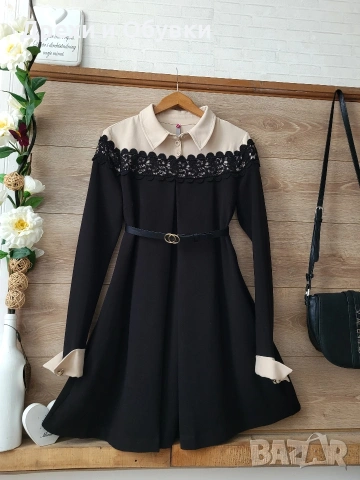 Елегантна рокля с дантела и джобове черно и бежово 